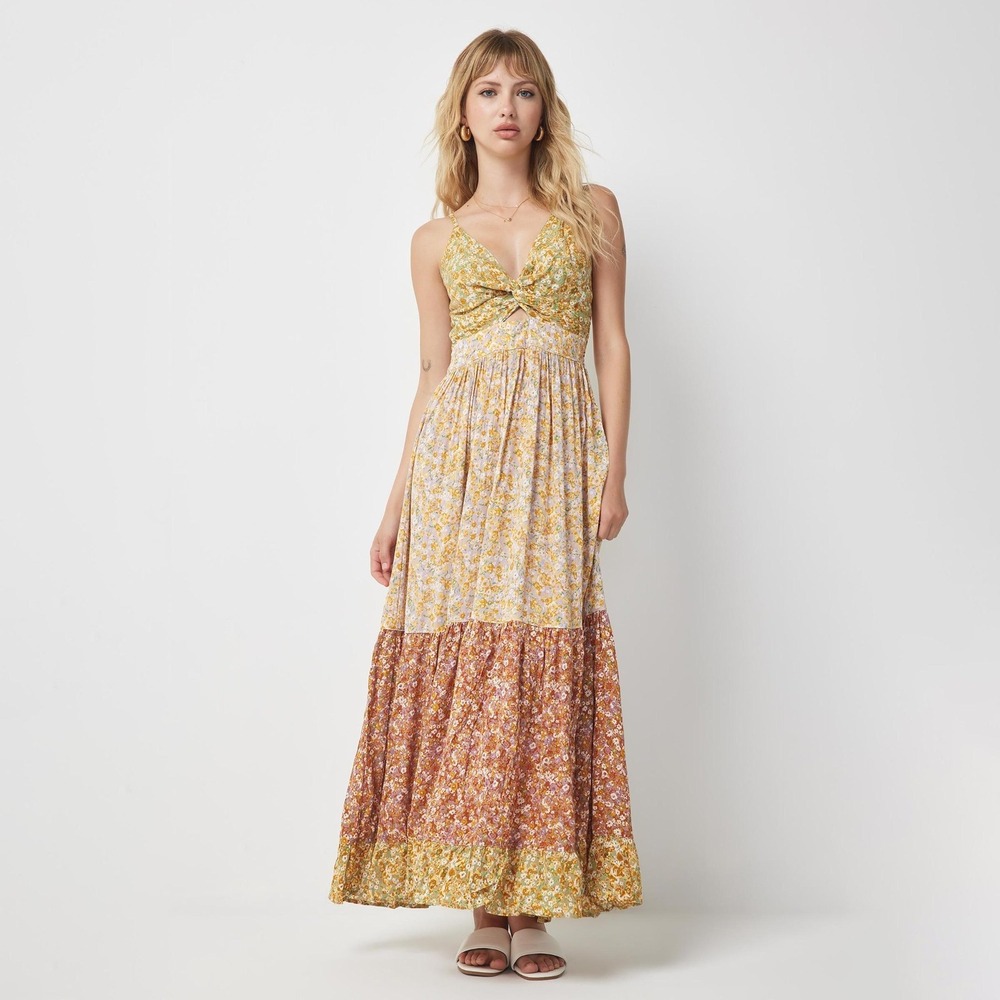 Angie Maxi Dress Large Yellow Orange Floral Twist Front Cutout Tiered Boho